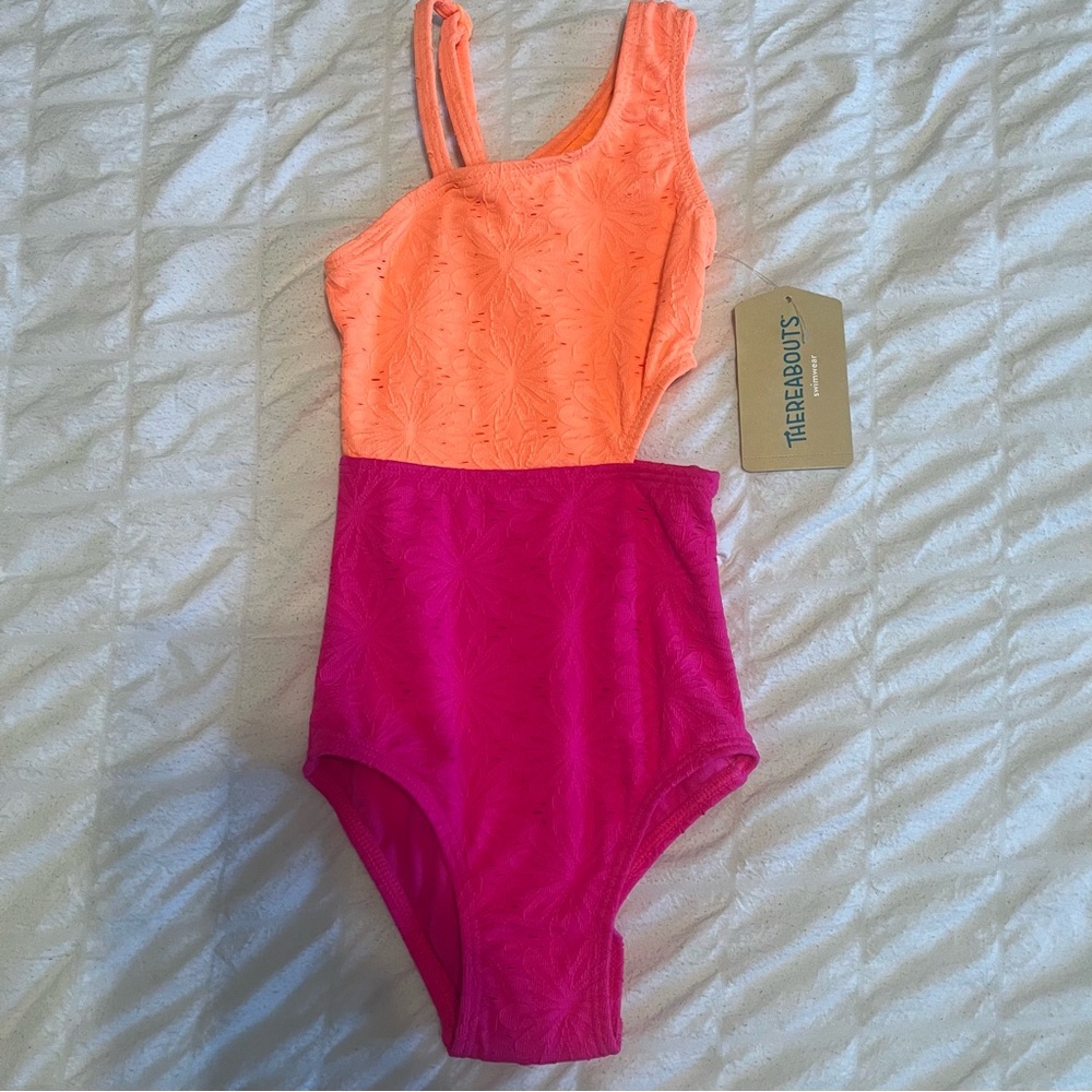 Toddler Girls (4/5) 2-Tone Bright Pink/Coral One Shoulder Floral Bathing Suit